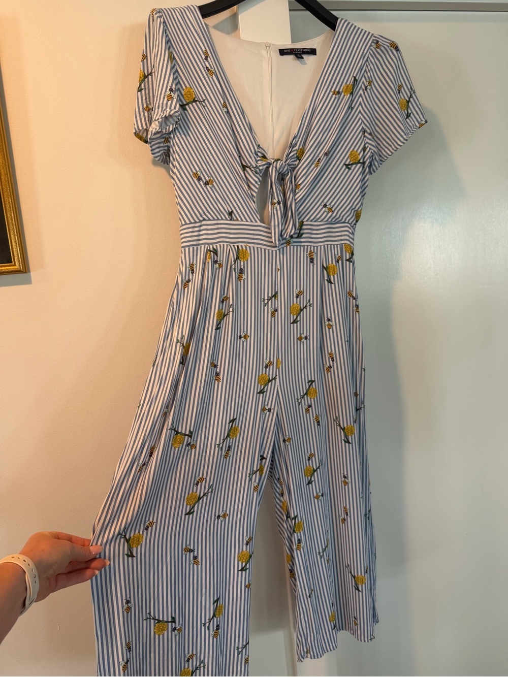 Small One Clothing Wide Legged Romper tie Front Dress with bee/honeycomb Accents